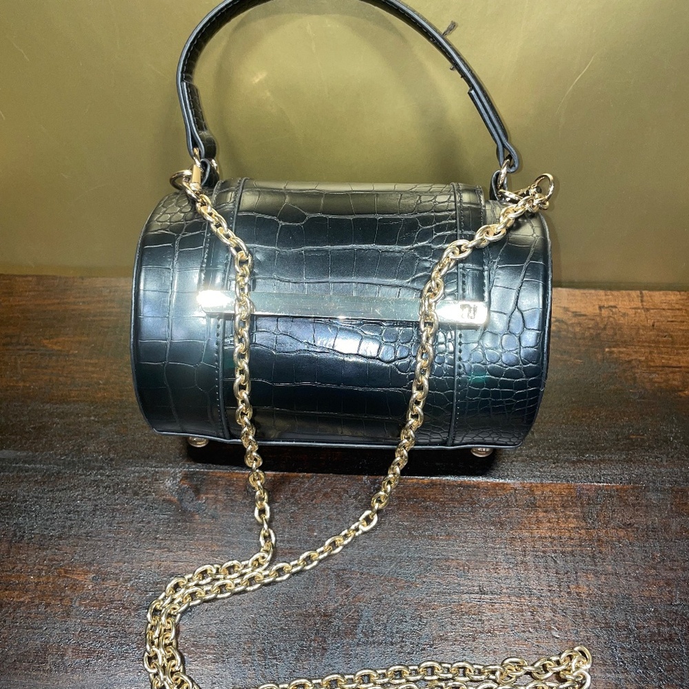 River Island Black Crocodile Textured round barrel Shoulder Bag Gold Chain